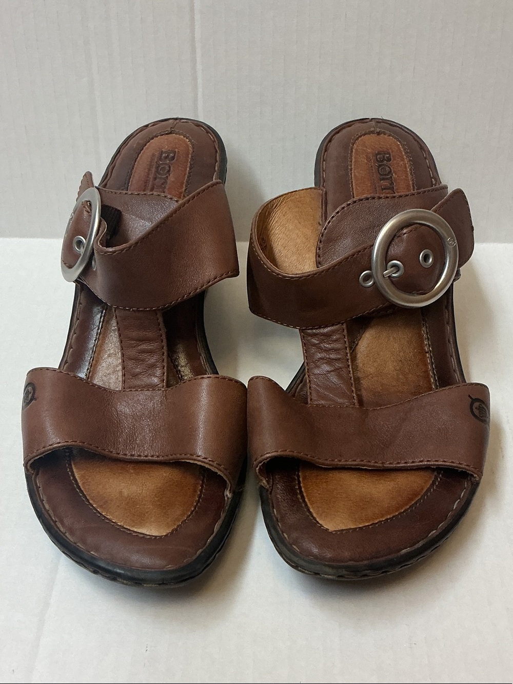 Women’s Born Brown Leather Slide Sandals with Silver Round Buckles Size 10